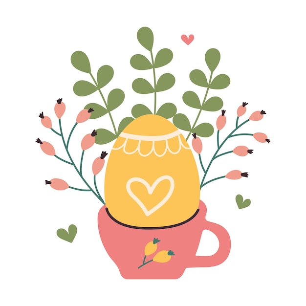Vector hand drawn cup with easter egg spring flowers and leaves patterned eggshell with different lines and heart doodle elements for decorating holiday banners and cards minimalist flat vector design