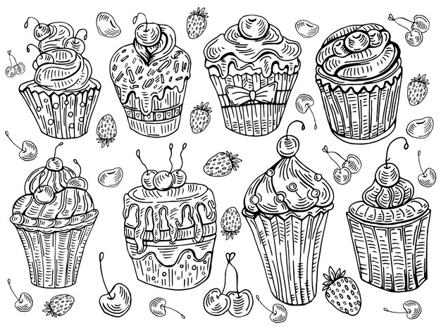 Vector hand-drawn cupcakes set in sketch style