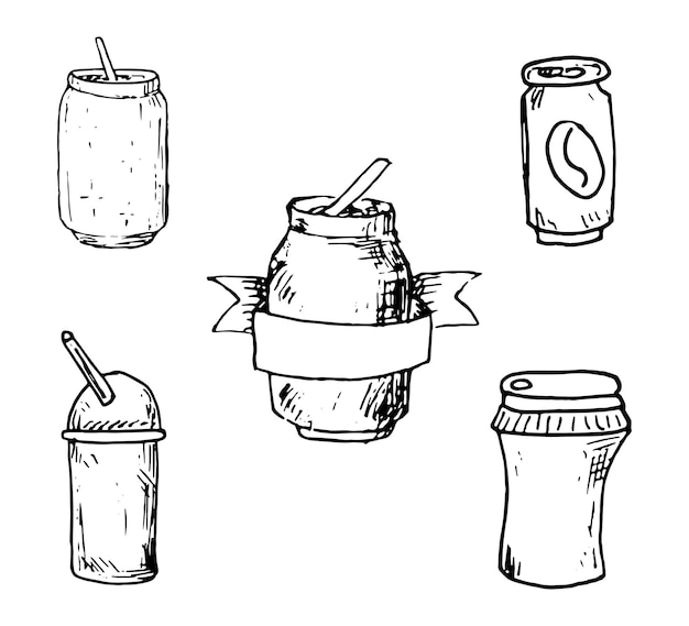 Set di scarabocchi di tazze disegnate a mano. icone di stile di schizzo. elemento decorativo. isolato su sfondo bianco. design piatto. illustrazione vettoriale.