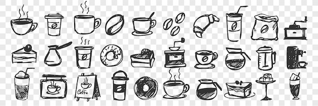 Vector hand drawn cups and pastry doodle set