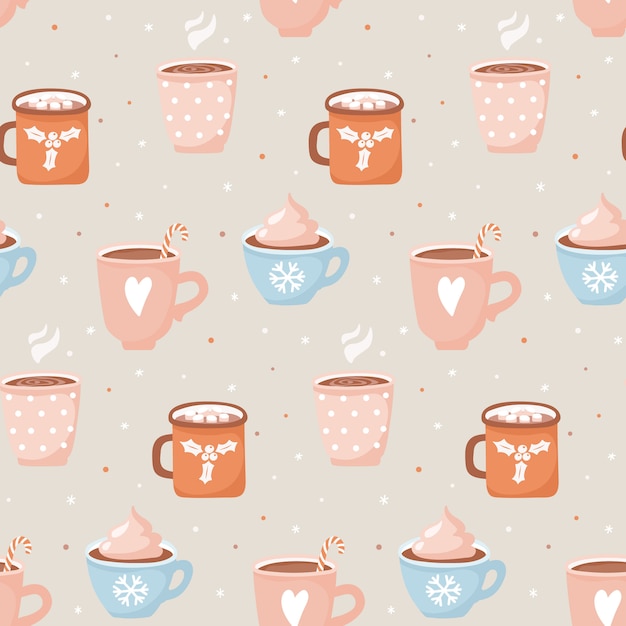Vector hand drawn cups with cocoa and marshmallows seamless pattern.