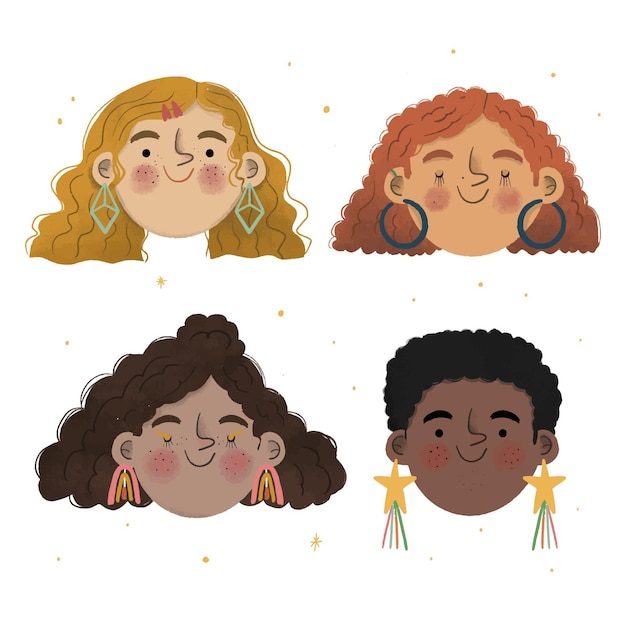 Vector hand-drawn curly hair types illustration