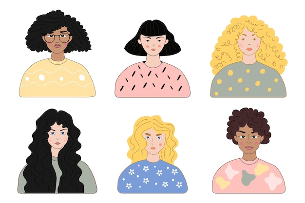 Vector hand drawn curly hair types