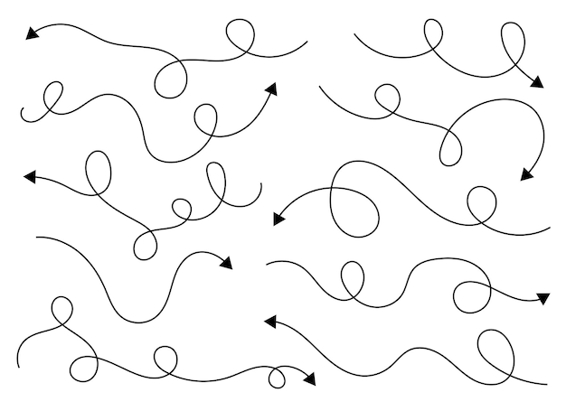 Forma della freccia curva disegnata a mano linea della freccia set di icone della freccia