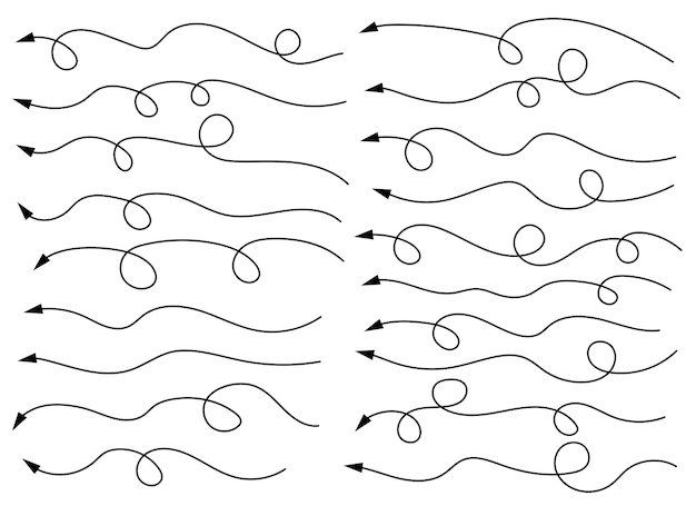 Vettore forma della freccia curva disegnata a mano linea della freccia set di icone della freccia