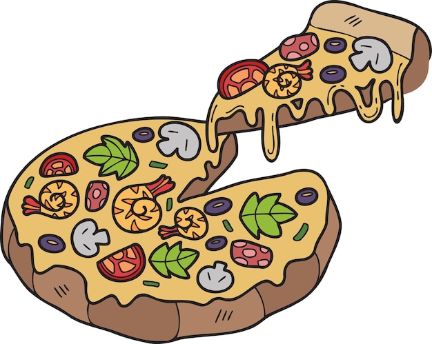 Hand drawn cut pizza illustration in doodle style