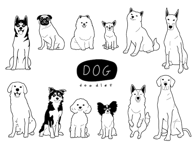 手描きのキュートで愛らしい犬の落書きスタイルのイラスト