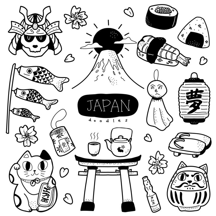 手描きのキュートで愛らしい日本の落書きスタイルのイラスト