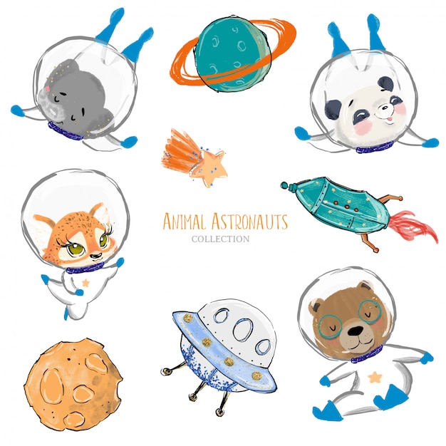 Hand drawn cute animal astronauts with space elements