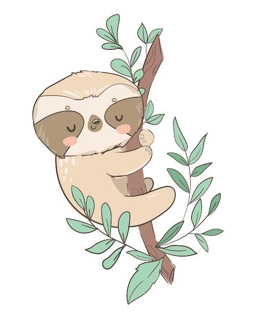 Hand drawn cute animal sloth on the tree  illustration