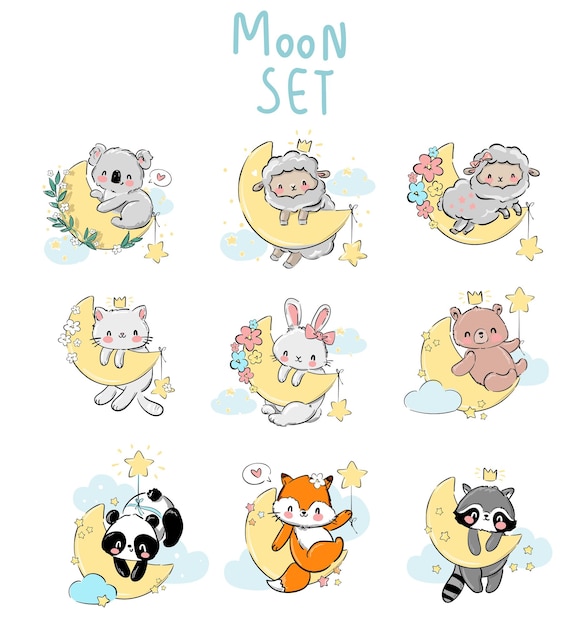 Нарисованные вручную милые животные спят на луне Векторный набор Дизайн печати для детской пижамы