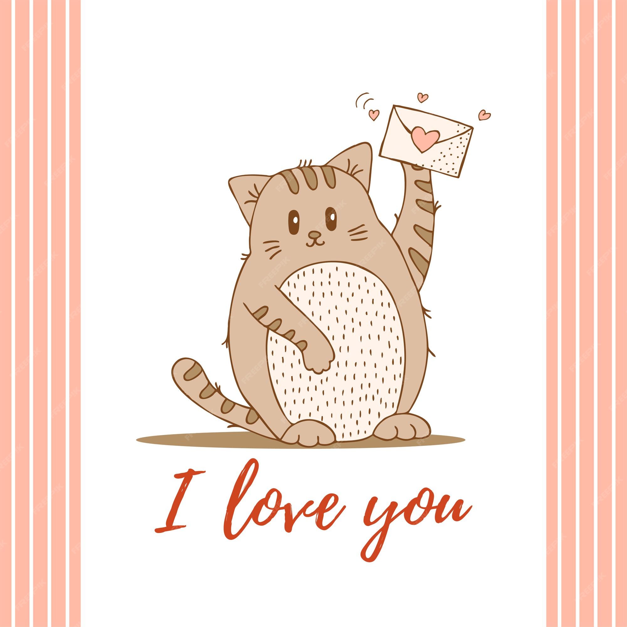 Premium Vector | Hand drawn cute animals with lettering. cat with envelope  with heart. i love you. white background. vector.