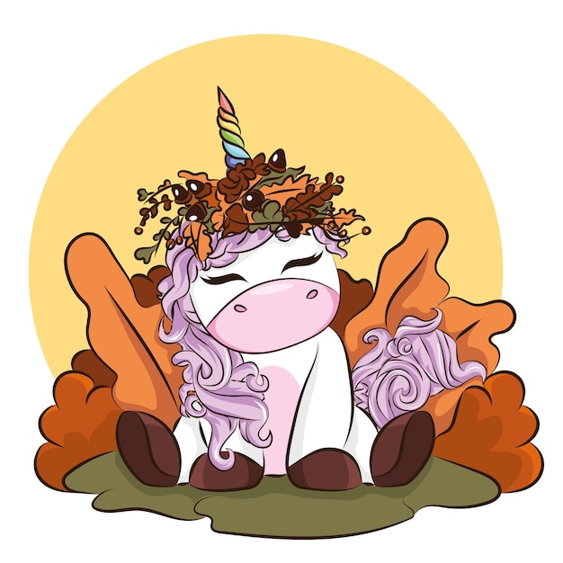 Hand drawn cute autumn unicorn isolated on white background. Design element for greeting cards, t-shirt and other