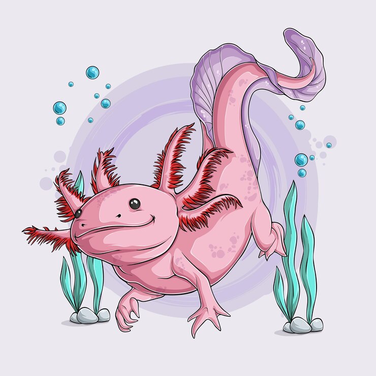 Вектор нарисованный вручную милый аксолотль ambystoma mexicanum, плавающий на белом фоне