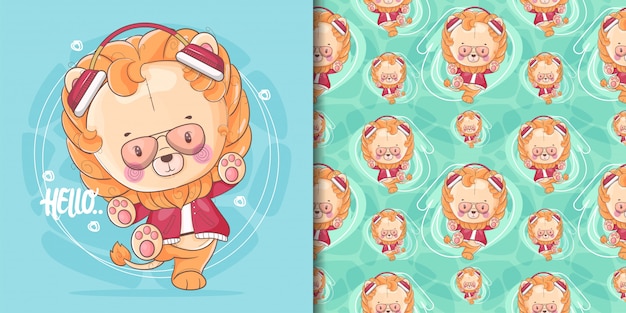 hand drawn cute baby lion and pattern