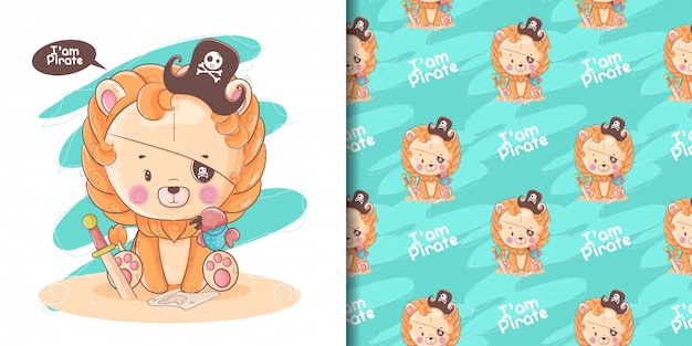 hand drawn cute baby lion with pirate custom and pattern