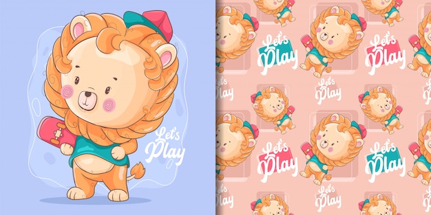 hand drawn cute baby lion with skateboard and pattern