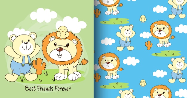 Vector hand drawn cute bear & lion pattern and card