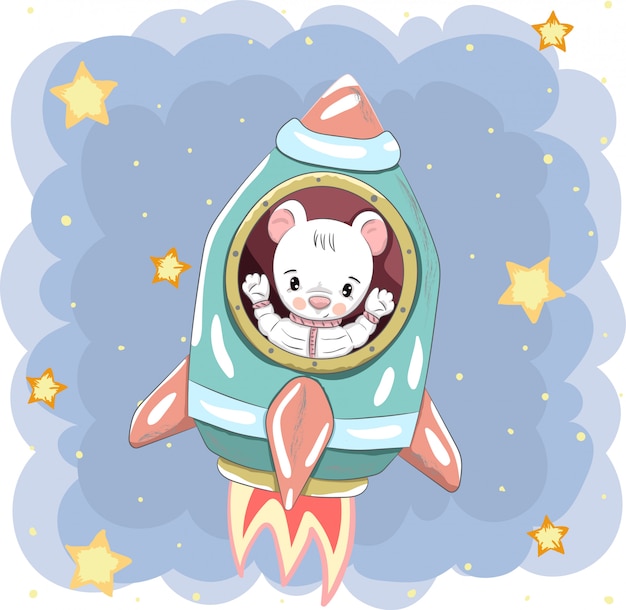 Hand drawn cute bear in rocket vector