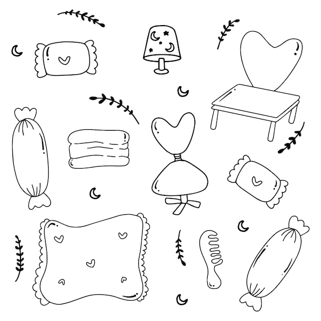 Hand drawn cute bed room element with outline style for girl kids