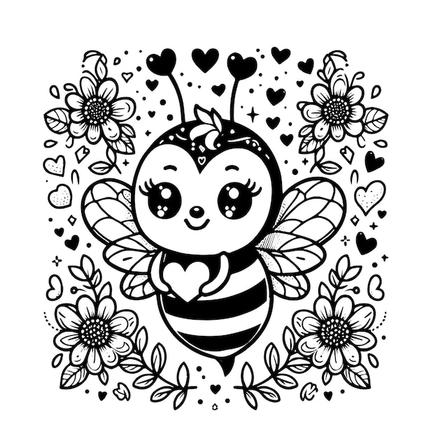 Vector hand drawn cute bee in floral background