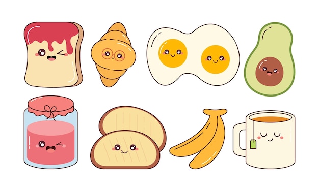 Ручно нарисованная милая коллекция завтраков Kawaii Food Character Concept для наклейки или декорации