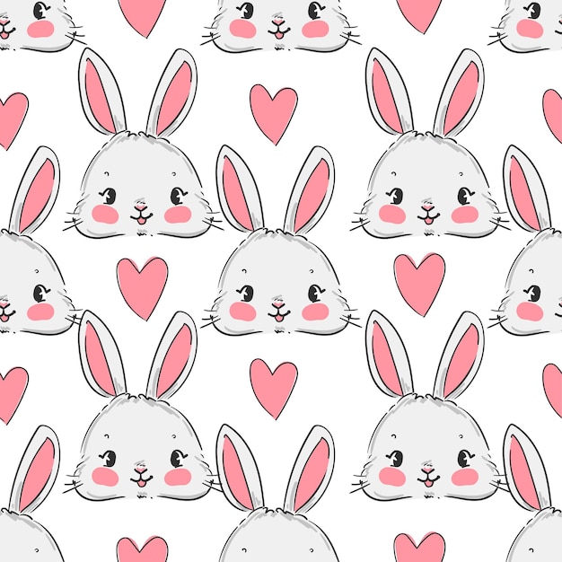 Hand drawn cute bunny and pink heart seamless pattern print design rabbit background children print textile design