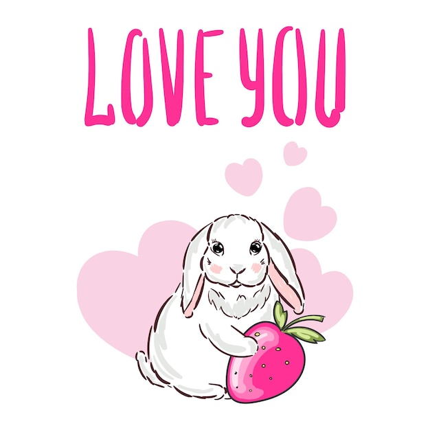 Vector hand drawn cute bunny pink hearts and text love you cartoon character rabbit vector illustration childish design print