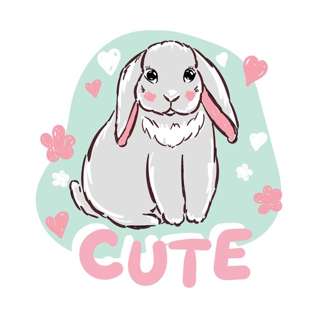 Hand drawn cute bunny rabbit print illustration for children tshirts with text cute and flowers