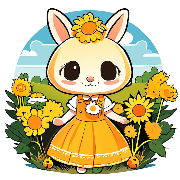 Vector hand drawn cute bunny in a sunflower garden illustration