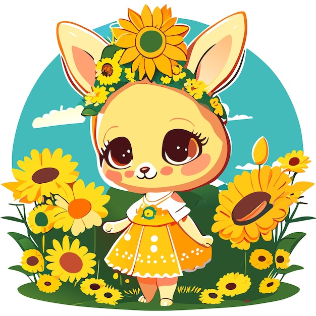 Hand drawn cute bunny in a sunflower garden illustration