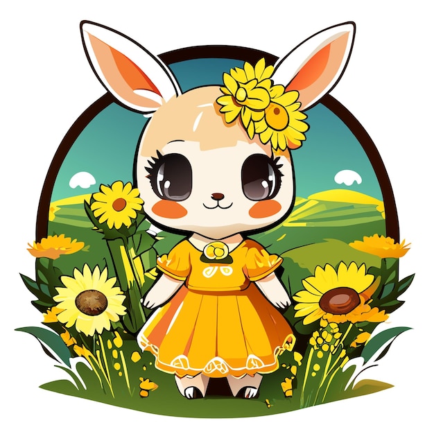 Hand drawn cute bunny in a sunflower garden illustration