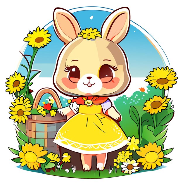 Hand drawn cute bunny in a sunflower garden illustration