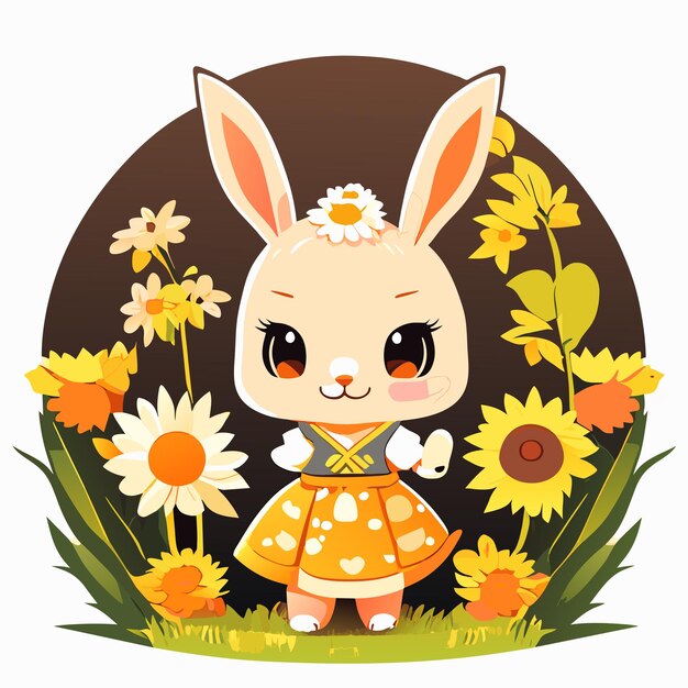 Vector hand drawn cute bunny in a sunflower garden illustration