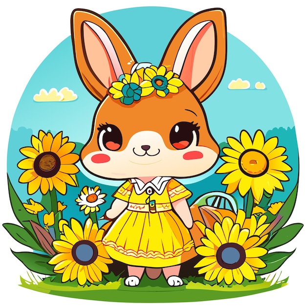 Hand drawn cute bunny in a sunflower garden illustration