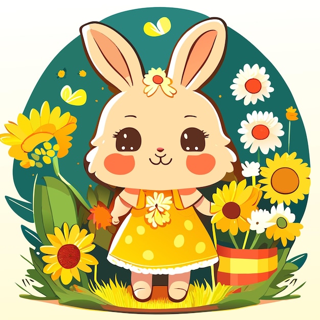 Hand drawn cute bunny in a sunflower garden illustration