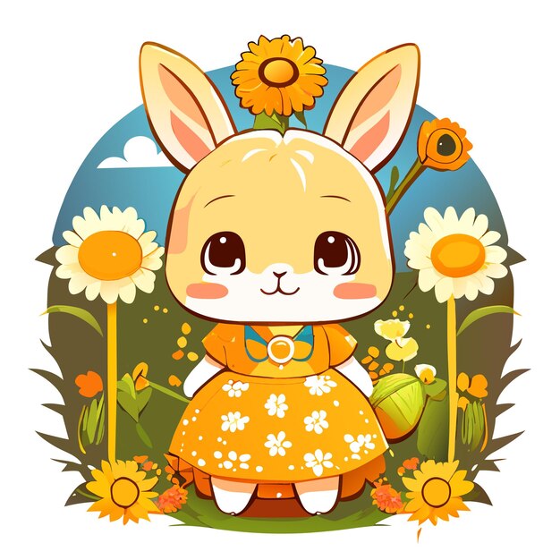 Hand drawn cute bunny in a sunflower garden illustration