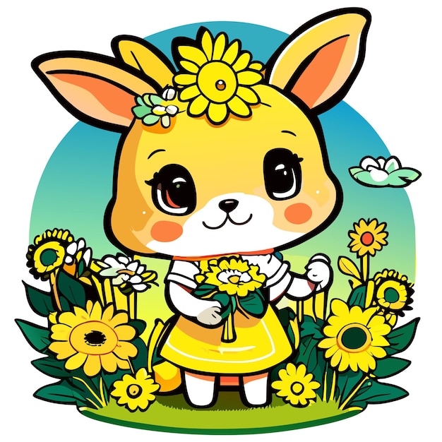 Hand drawn cute bunny in a sunflower garden illustration