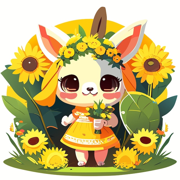 Hand drawn cute bunny in a sunflower garden illustration