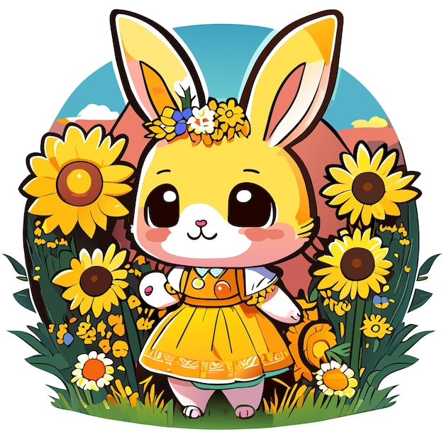 Vector hand drawn cute bunny in a sunflower garden illustration