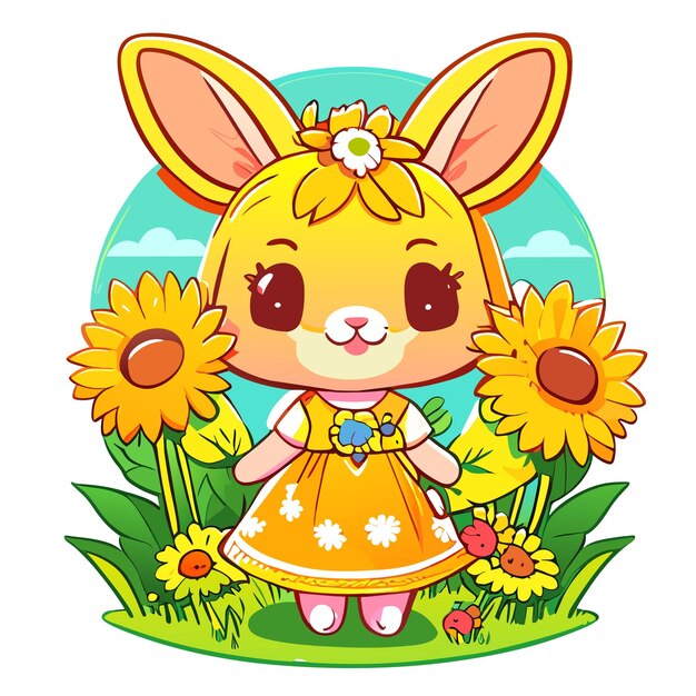 Vector hand drawn cute bunny in a sunflower garden illustration