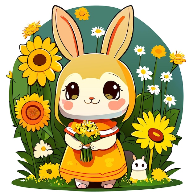 Vector hand drawn cute bunny in a sunflower garden illustration