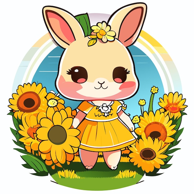 Vector hand drawn cute bunny in a sunflower garden illustration