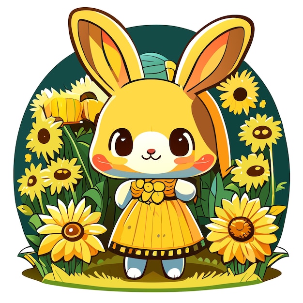 Hand drawn cute bunny in a sunflower garden illustration