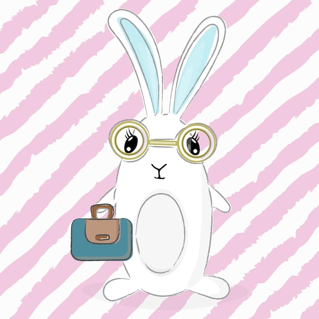 손으로 그린 귀여운 토끼 안경 및 분홍색 배경 토끼 벡터 일러스트 아이 인쇄 디자인에 서류 가방