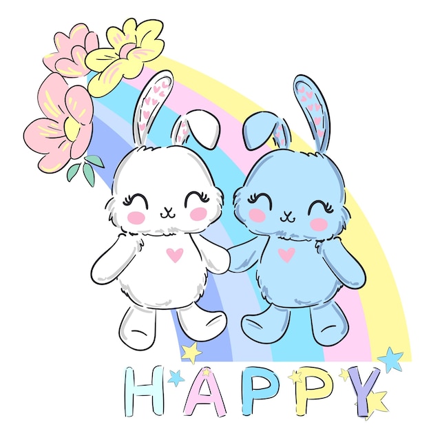 Hand Drawn Cute Bunnys and rainbow kids print design rabbit vector illustration