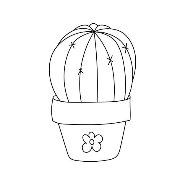 Hand drawn cute cactus in flower pot with flower in doodle style Succulent home plant Black and white outline vector illustration isolated on a white background