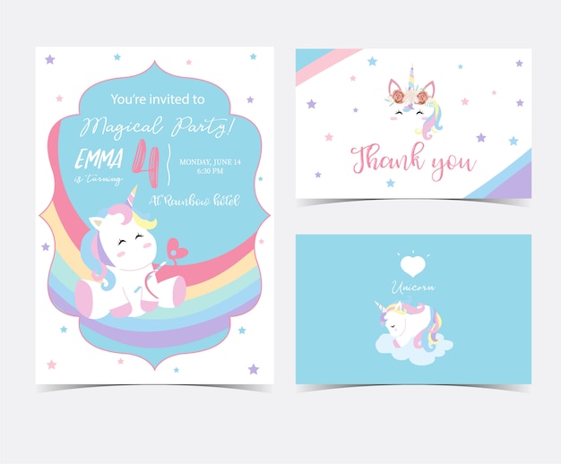 Vector hand drawn cute card with unicorn