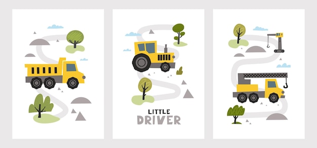 Hand drawn cute cars truck tractor cargo crane in road with text little driver vector set with cute cars for posters fabric textile and wallpaper design vector cars in scandinavian style