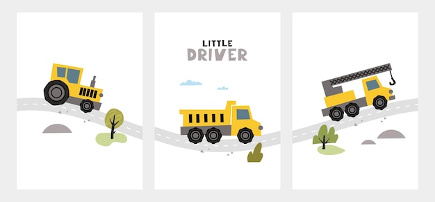 Vector hand drawn cute cars truck tractor cargo crane in road with text little driver vector set with cute cars for posters fabric textile and wallpaper design vector cars in scandinavian style